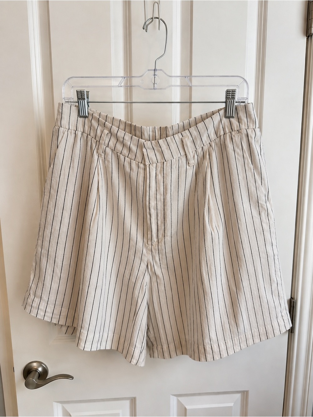 a new day Cream & Black Pinstripe Relaxed Linen-Blend Shorts